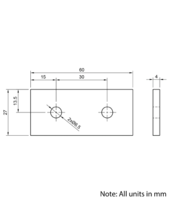 Technical Drawing Of Plate Connector - 2 Hole - Single Slot - 30 Series - Aluminium - Silver