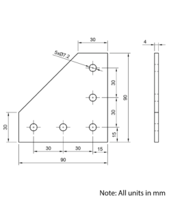 Technical Drawing Of Plate Connector - 90 Degree - Single Slot - 30 Series - Aluminium - Silver