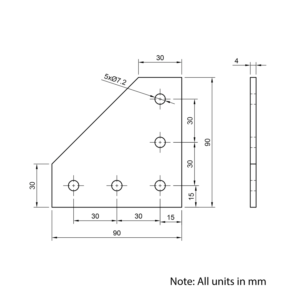 Technical Drawing Of Plate Connector - 90 Degree - Single Slot - 30 Series - Aluminium - Silver