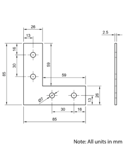 Technical Drawing Of Plate Connector - 90 Degree - Single Slot - 30 Series - Steel - Grey