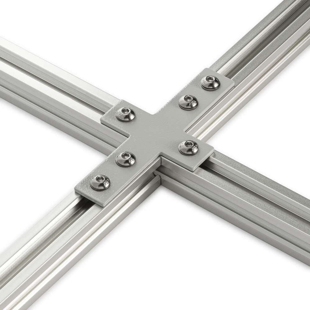 Plate Connector - Cross - Single Slot - 30 Series - Steel - Grey - With Fixings Joining Aluminium Extrusion