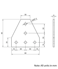 Technical Drawing Of Plate Connector - T - Single Slot - 30 Series - Aluminium - Silver