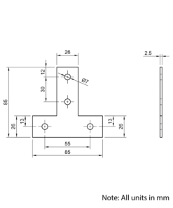 Technical Drawing Of Plate Connector - T - Single Slot - 30 Series - Steel - Grey