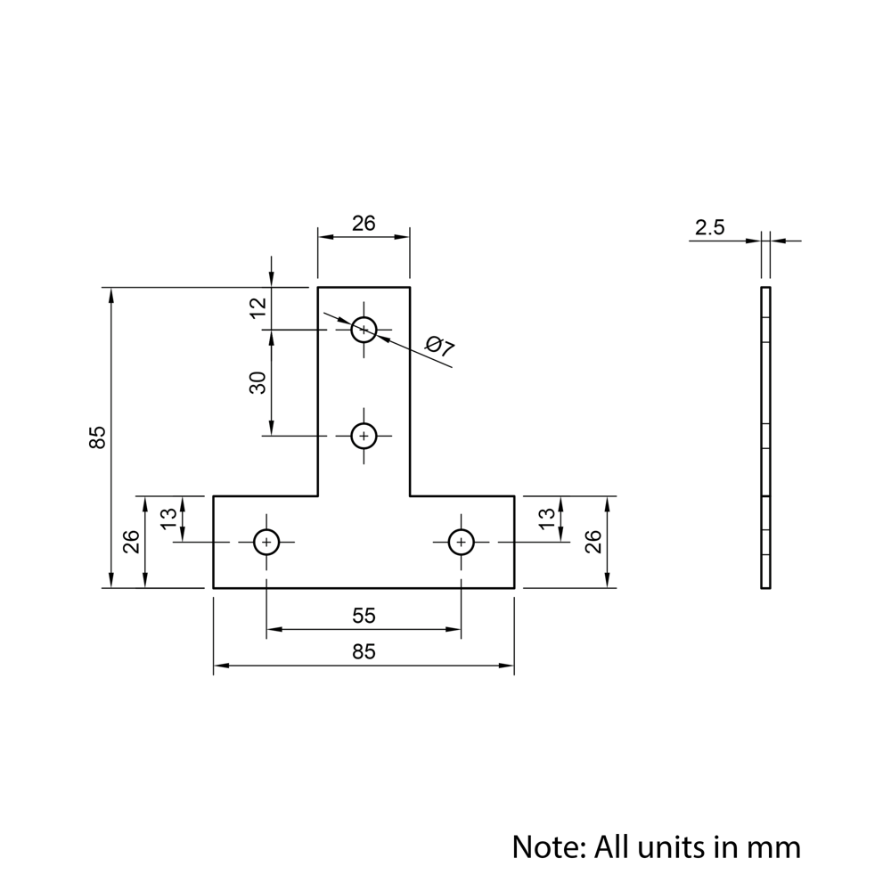 Technical Drawing Of Plate Connector - T - Single Slot - 30 Series - Steel - Grey