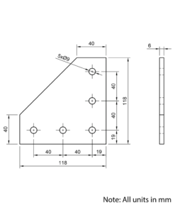 Technical Drawing Of Plate Connector - 90 Degree - Single Slot - 40 Series - Aluminium - Silver