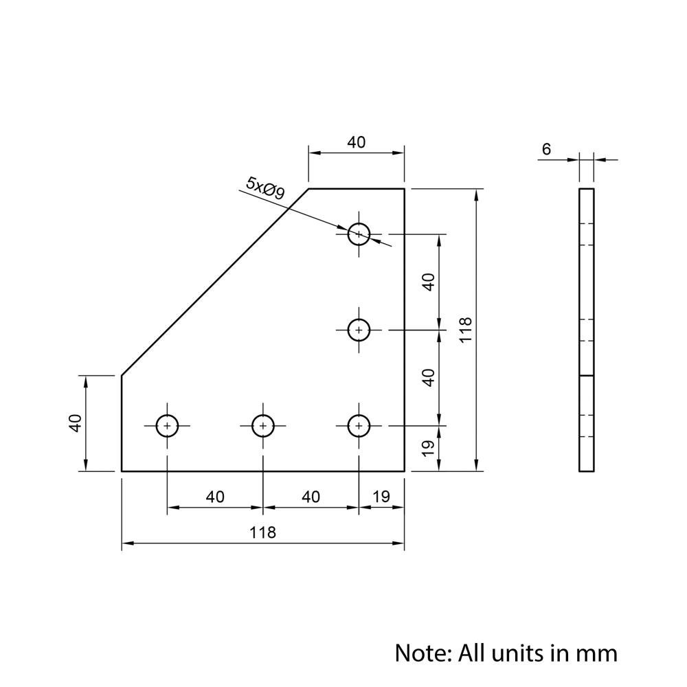 Technical Drawing Of Plate Connector - 90 Degree - Single Slot - 40 Series - Aluminium - Silver