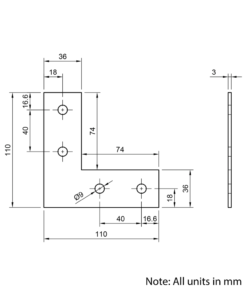 Technical Drawing Of Plate Connector - 90 Degree - Single Slot - 40 Series - Steel - Grey