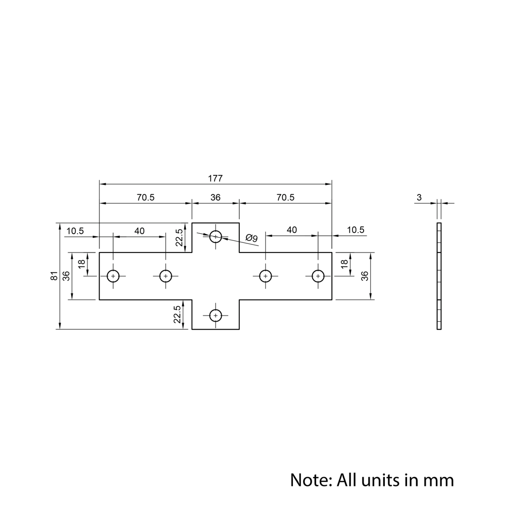 Technical Drawing Of Plate Connector - Cross - Single Slot - 40 Series - Steel - Grey
