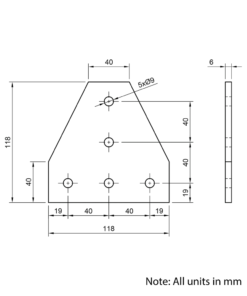 Technical Drawing Of Plate Connector - T - Single Slot - 40 Series - Aluminium - Silver