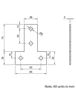 Technical Drawing Of Plate Connector - T - Single Slot - 40 Series - Steel - Grey