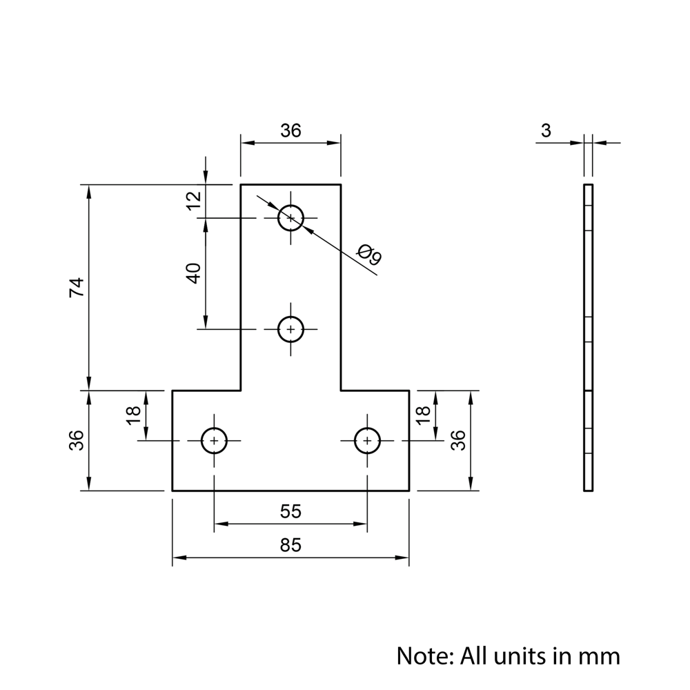 Technical Drawing Of Plate Connector - T - Single Slot - 40 Series - Steel - Grey