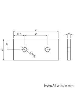 Technical Drawing Of Plate Connector - 2 Hole - Single Slot - 45 Series - Aluminium - Silver