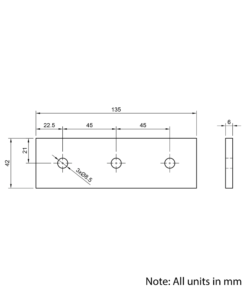 Technical Drawing Of Plate Connector - 3 Hole - Single Slot - 45 Series - Aluminium - Silver