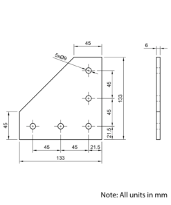 Technical Drawing Of Plate Connector - 90 Degree - Single Slot - 45 Series - Aluminium - Silver