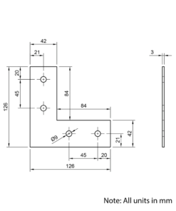 Technical Drawing Of Plate Connector - 90 Degree - Single Slot - 45 Series - Steel - Grey