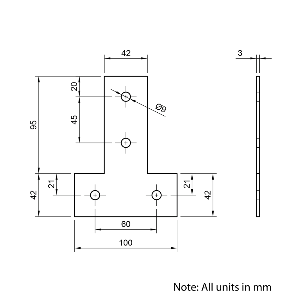 Technical Drawing Of Plate Connector - T - Single Slot - 45 Series - Steel - Grey