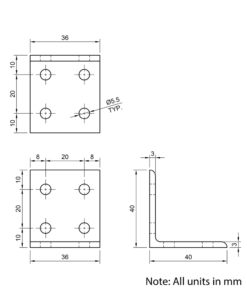 Technical Drawing Of Universal Corner Bracket - 20 Series - 40x40