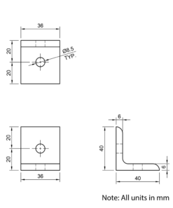 Technical Drawing Of Universal Corner Bracket - 40 Series - 40x40