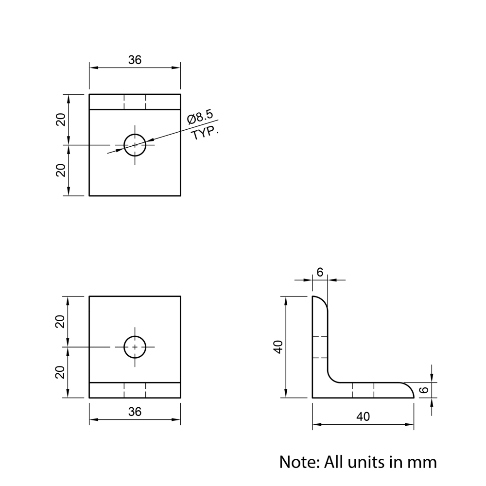 Technical Drawing Of Universal Corner Bracket - 40 Series - 40x40