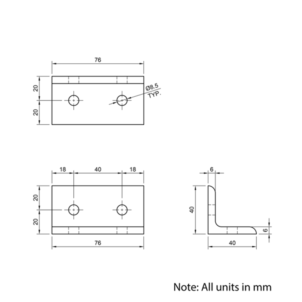 Technical Drawing Of Universal Corner Bracket - 40 Series - 80x40