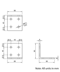Technical Drawing Of Universal Corner Bracket - 45 Series - 90x90