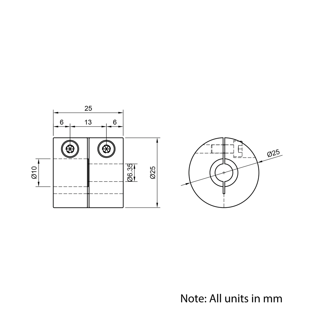 Technical Drawing Of Rigid Shaft Coupling - 1/4 - 10mm
