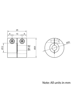 Technical Drawing Of Rigid Shaft Coupling - 1/4 - 12mm