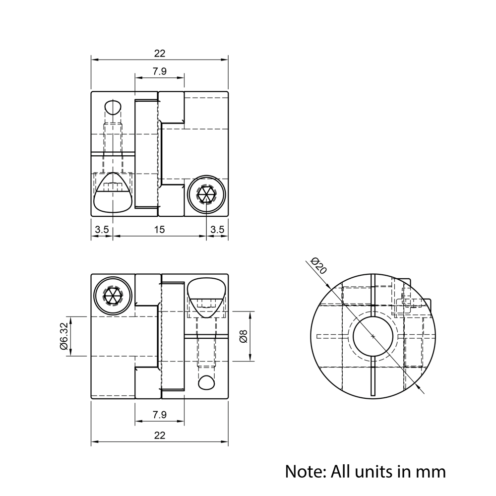 Technical Drawing Of Oldham Flexible Shaft Coupling - 1/4 - 8mm