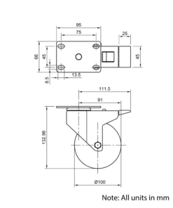 Technical Drawing Of Castor - Plate - Swivel - 100mm - Brake