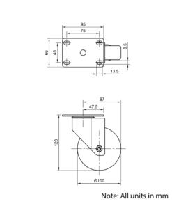 Technical Drawing Of Castor - Plate - Swivel - 100mm