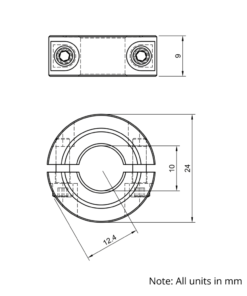 Technical Drawing Of Double Split Shaft Collar - 10mm