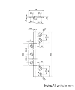 Technical Drawing Of Long Hinge - 30 to 40 Series