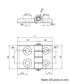 Technical Drawing Of Plastic Hinge - 30 to 45 Series