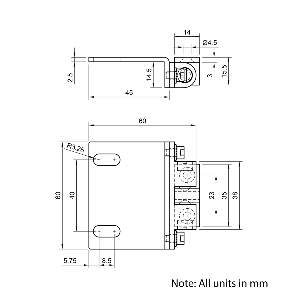 Technical Drawing Of Magnetic Catch Mount - 40 & 45 Series