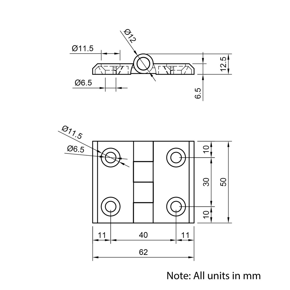 Technical Drawing Of Aluminium Hinge - 40 Series - Silver