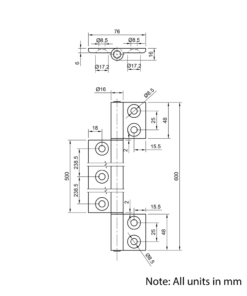 Technical Drawing Of Long Hinge - 40 to 45 Series