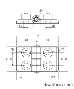 Technical Drawing Of Plastic Hinge - 40 to 45 Series