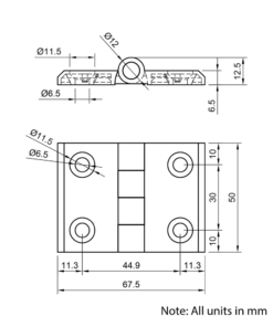 Technical Drawing Of Aluminium Hinge - 45 Series - Silver