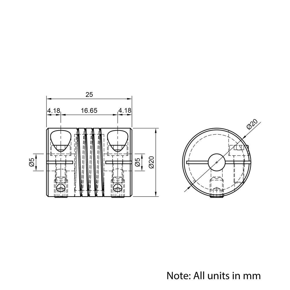 Technical Drawing Of Helical Beam Flexible Shaft Coupling - 5mm - 5mm