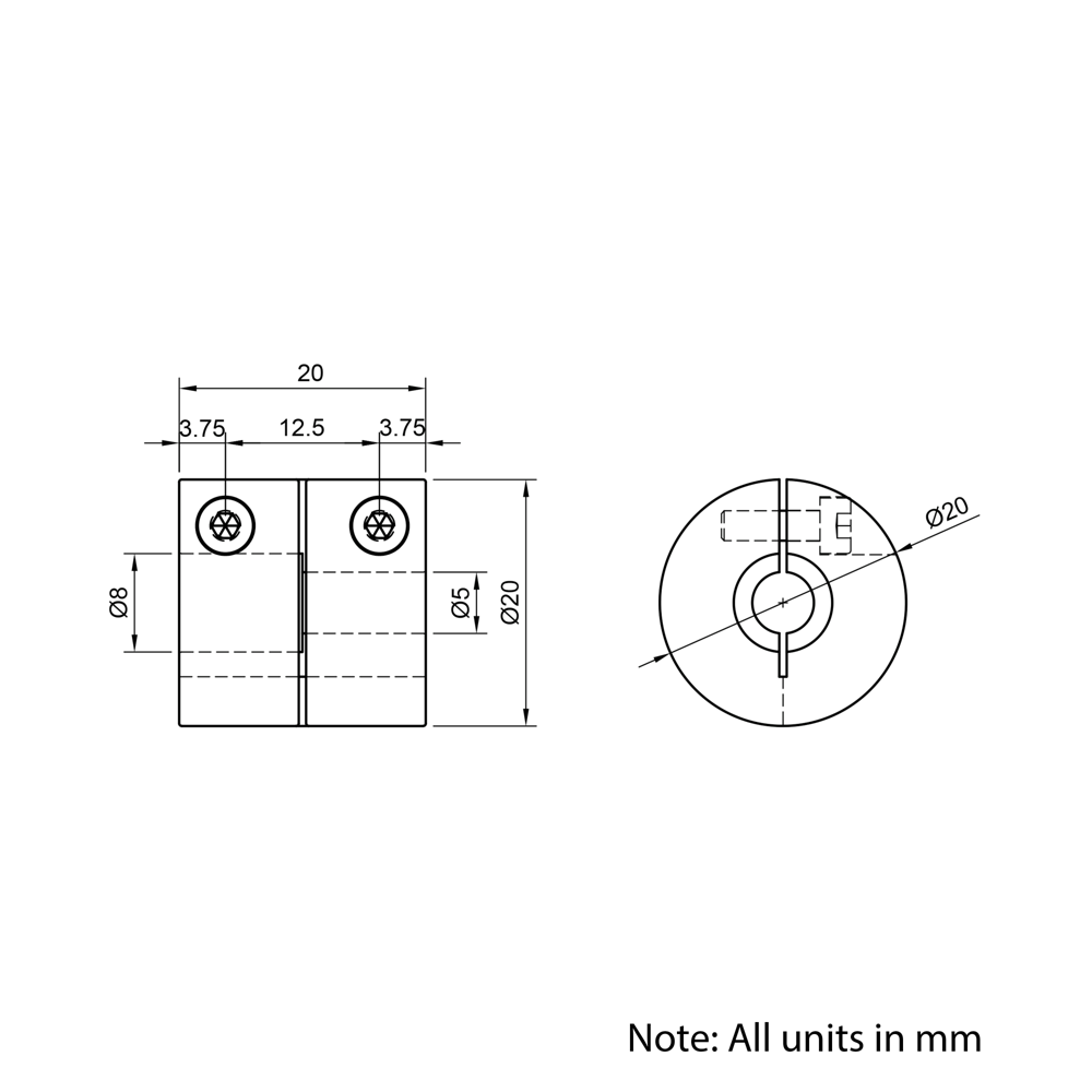 Technical Drawing Of Rigid Shaft Coupling - 5mm - 8mm