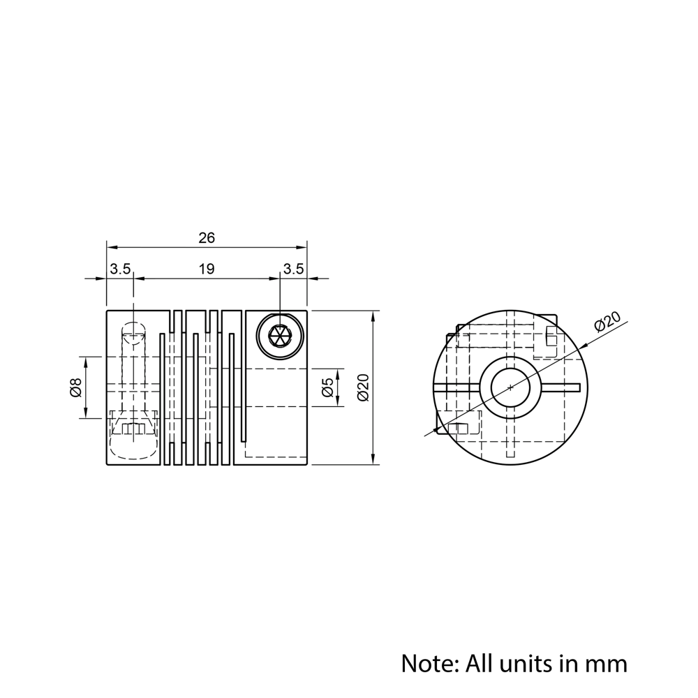 Technical Drawing Of Slit Beam Flexible Shaft Coupling - 5mm - 8mm