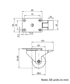 Technical Drawing Of Castor - Plate - Swivel - 63mm - Brake
