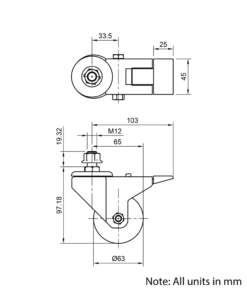 Technical Drawing Of Castor - Stud - Swivel - 63mm - Brake