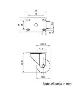 Technical Drawing Of Castor - Plate - Swivel - 63mm