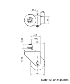 Technical Drawing Of Castor - Stud - Swivel - 63mm