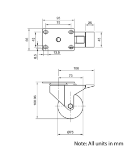 Technical Drawing Of Castor - Plate - Swivel - 75mm - Brake