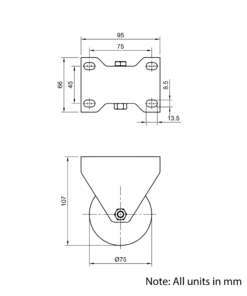 Technical Drawing Of Castor - Plate - Fixed - 75mm