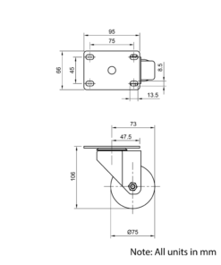 Technical Drawing Of Castor - Plate - Swivel - 75mm
