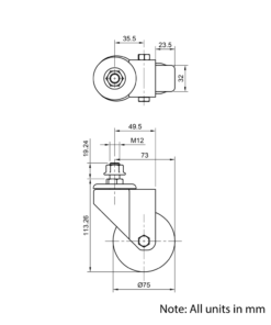 Technical Drawing Of Castor - Stud - Swivel - 75mm