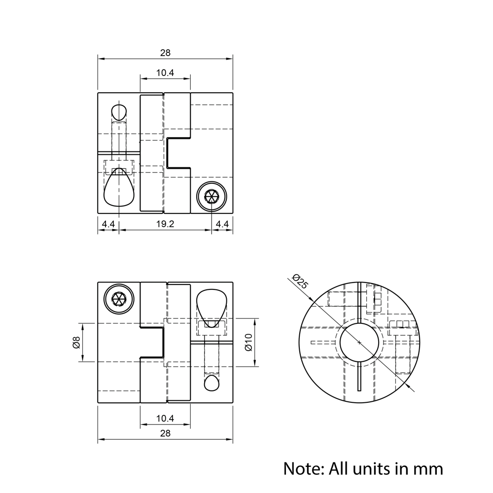 Technical Drawing Of Oldham Flexible Shaft Coupling - 8mm - 10mm